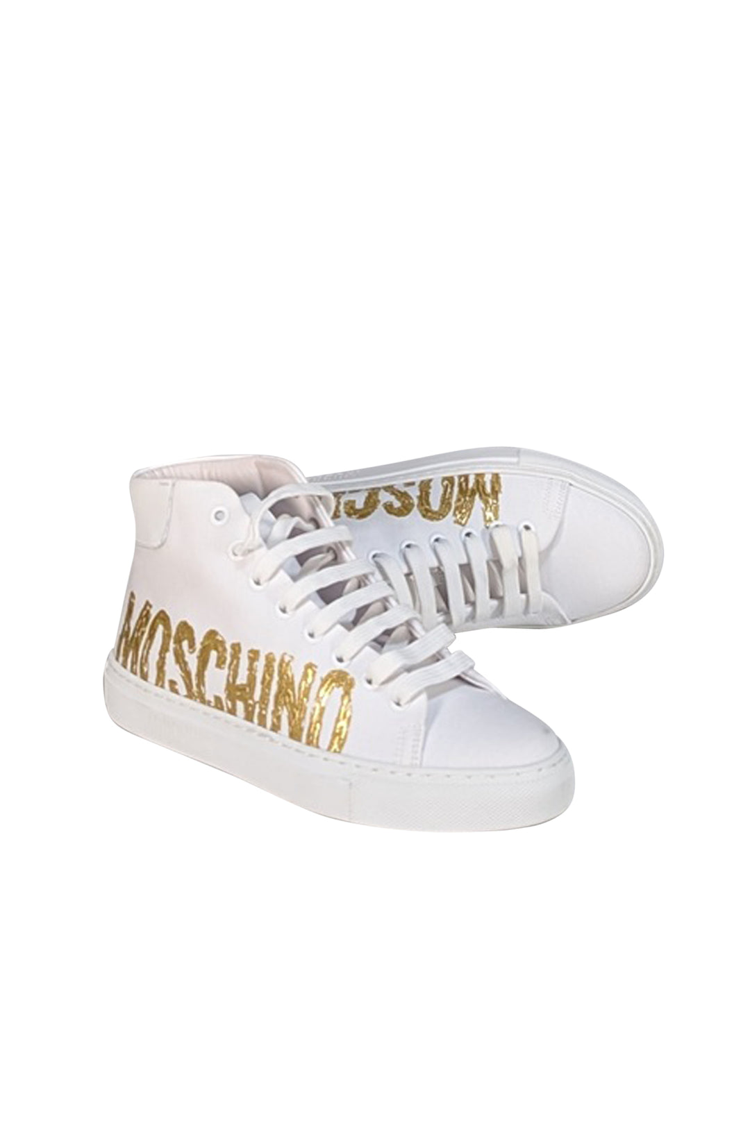 Moschino - White Canvas High Top Sneakers w/ Gold Lettering Sz 7