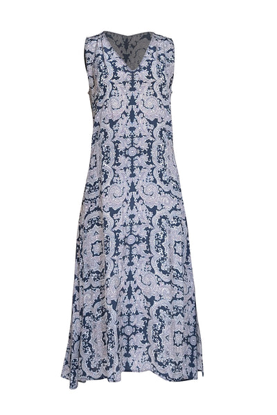 Theory - Navy & Cream Paisley Print Sleeveless Dress Sz 10 - Current Boutique