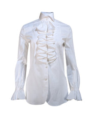 Ralph Lauren Purple Label - White Ruffle Detail Button Down Shirt Sz 4 - Current Boutique