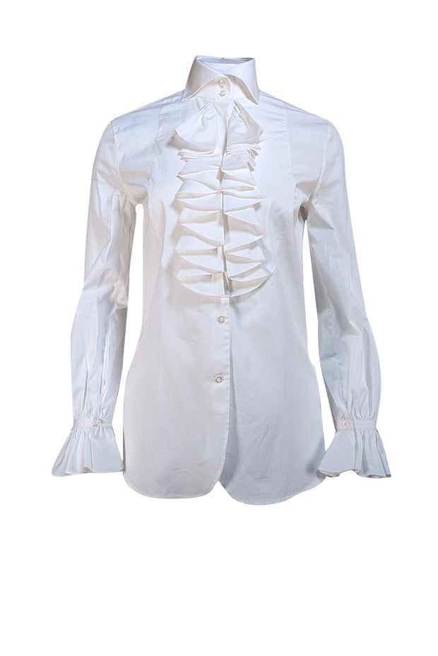 Ralph Lauren Purple Label - White Ruffle Detail Button Down Shirt Sz 4 - Current Boutique