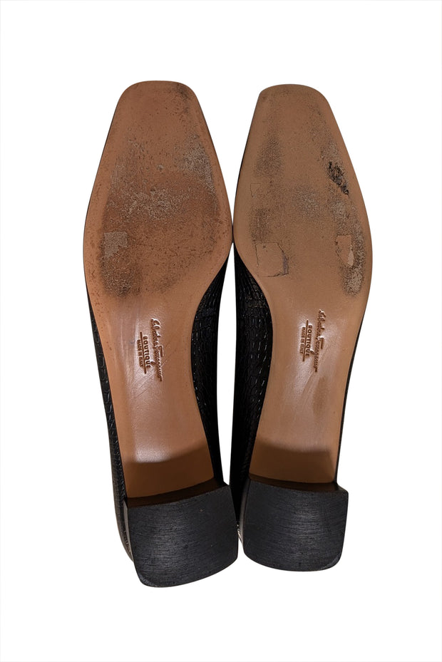Ferragamo - Black Croc Embossed Leather Low Heels Sz 9.5