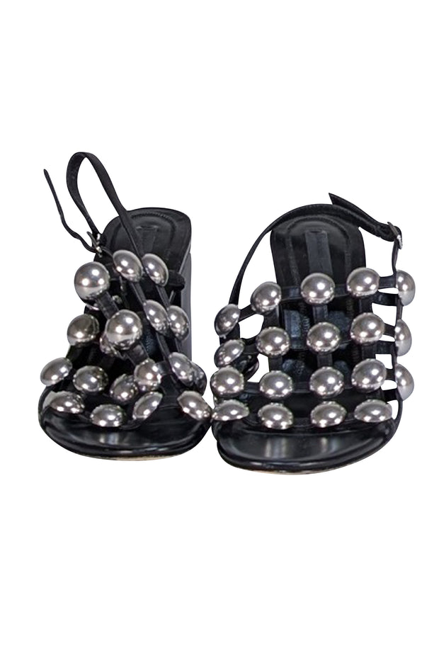 Alexander Wang - Black Leather Silver Studded Cage Strappy Sandals Sz 7.5