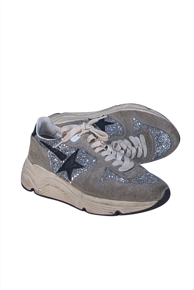 Golden Goose - Taupe & Cream Glitter Trim Running Sneakers Sz 8