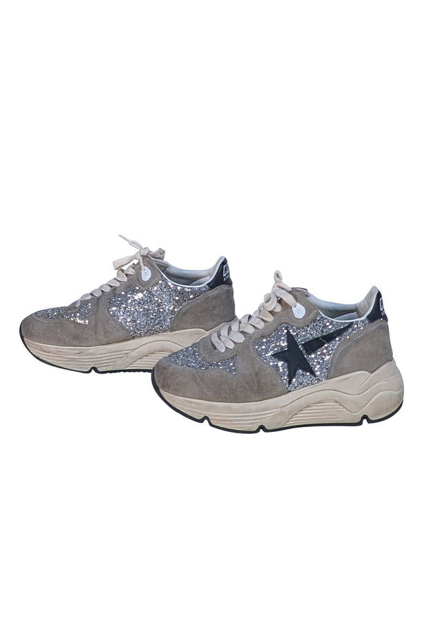 Golden Goose - Taupe & Cream Glitter Trim Running Sneakers Sz 8