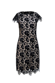 Alice & Olivia - Black Lace & Beige Cap Sleeve Cocktail Dress Sz 4 - Current Boutique