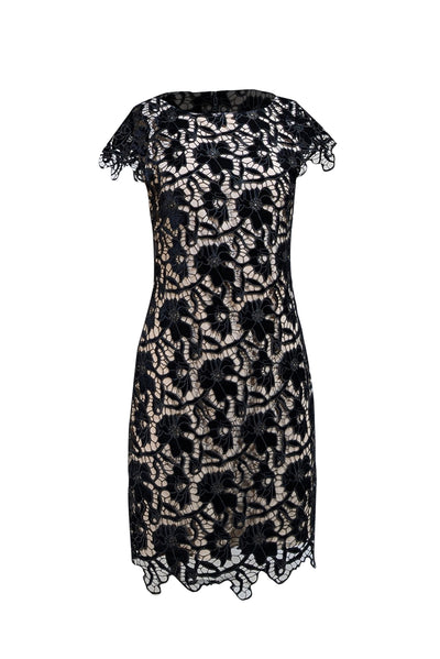 Alice & Olivia - Black Lace & Beige Cap Sleeve Cocktail Dress Sz 4 - Current Boutique