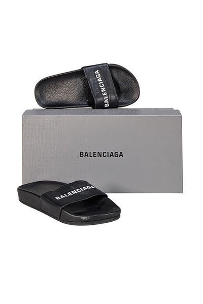 Balenciaga - Black Leather Upper Logo Slide Sandals Sz 6 - Current Boutique