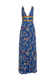 Rixo - Blue & Mutlicolor Floral Gold Trim Formal Dress Sz M