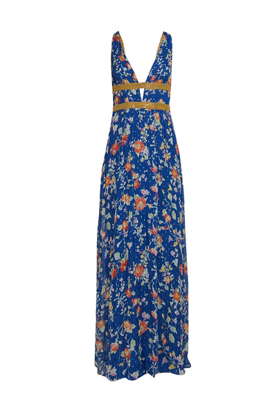 Rixo - Blue & Mutlicolor Floral Gold Trim Formal Dress Sz M