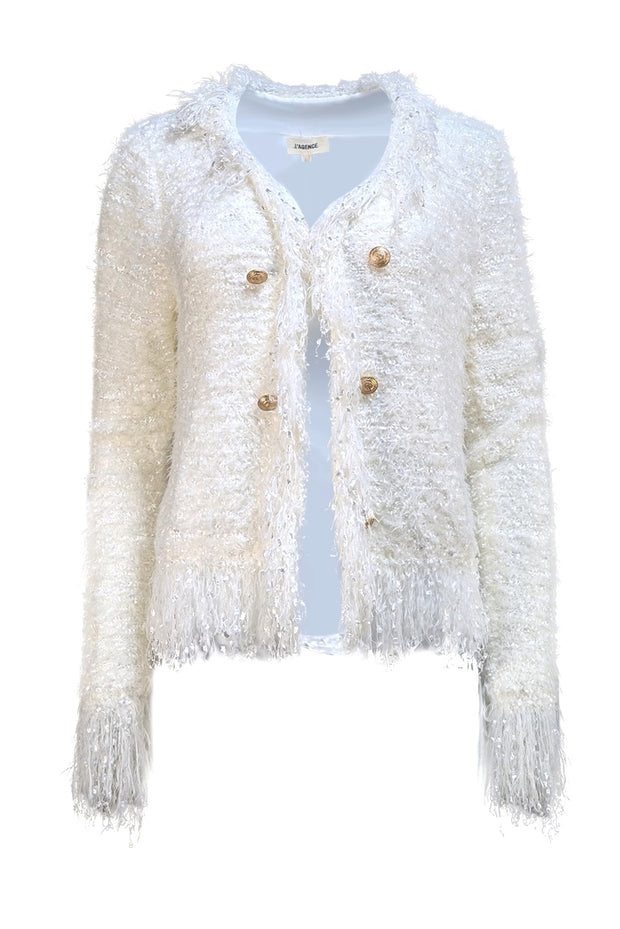 L'Agence - Ivory Fuzzy Fringe Trim Cardigan Sz M - Current Boutique
