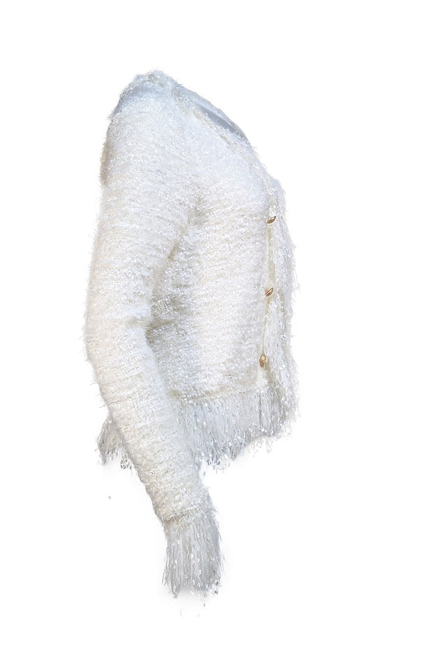 L'Agence - Ivory Fuzzy Fringe Trim Cardigan Sz M - Current Boutique