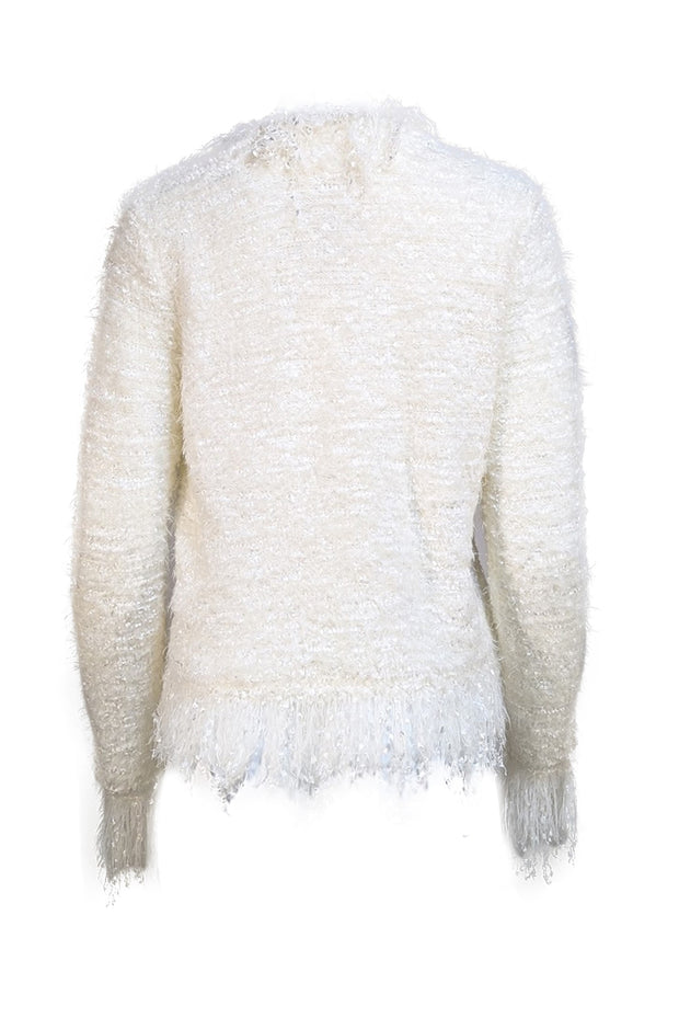 L'Agence - Ivory Fuzzy Fringe Trim Cardigan Sz M - Current Boutique