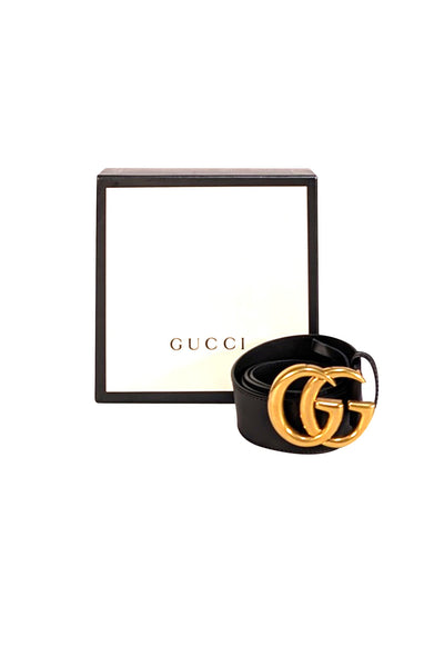 Gucci - Black Leather Belt w/ Large Brass Monogram Logo Buckle Sz L - Current Boutique