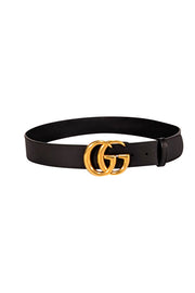 Gucci - Black Leather Belt w/ Large Brass Monogram Logo Buckle Sz L - Current Boutique