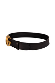 Gucci - Black Leather Belt w/ Large Brass Monogram Logo Buckle Sz L - Current Boutique