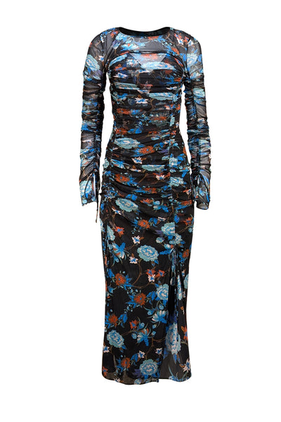 Diane von Furstenberg - Black, Blue, & Multicolor Print Mesh Ruched "Corrine" Dress Sz M - Current Boutique