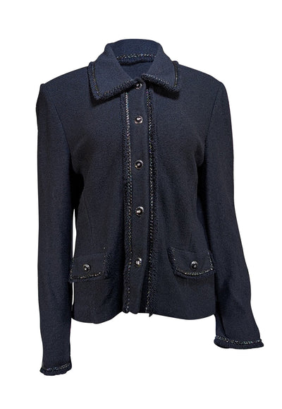 St. John - Navy Knit Button Front Fringe Hem Jacket Sz 12 - Current Boutique