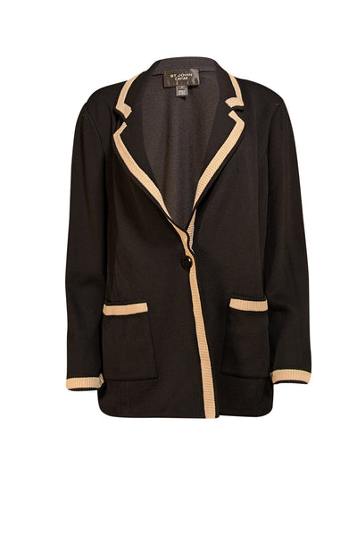 St. John - Black w/ Cream Trim Sweater Blazer Sz 14 - Current Boutique