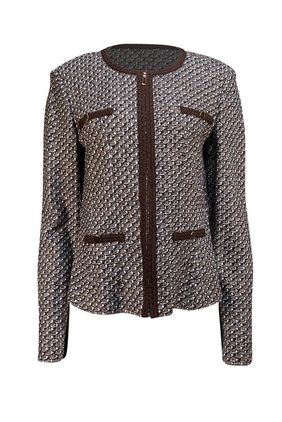 St. John - Brown & Cream Blend Zipper Front Knit Jacket Sz 14 - Current Boutique
