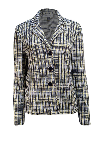 St. John - Navy, White, & Yellow Blend Knit Blazer Sz 14 - Current Boutique