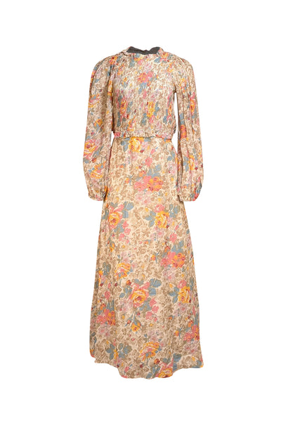 Sea NY - Beige, White, Pink, Oange, & Blue Floral Print Smocked Bodice Maxi Dress Sz 6 - Current Boutique