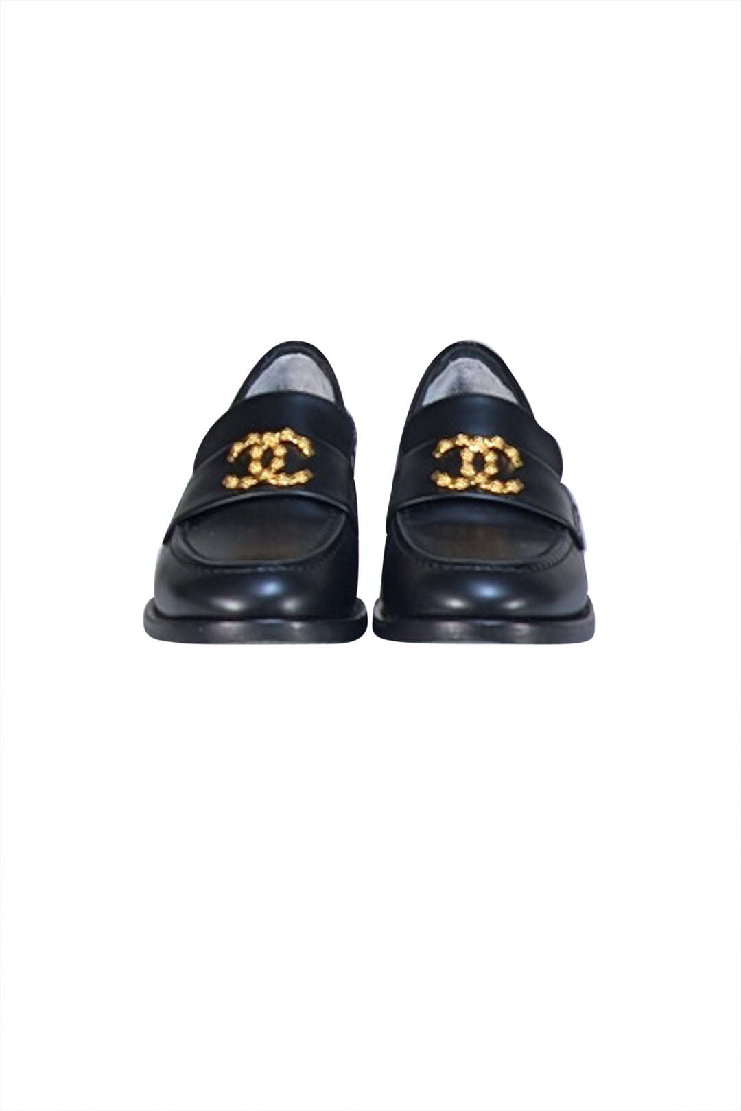 Chanel - Black Leather Floral Textured Logo Front Loafer Sz 6.5