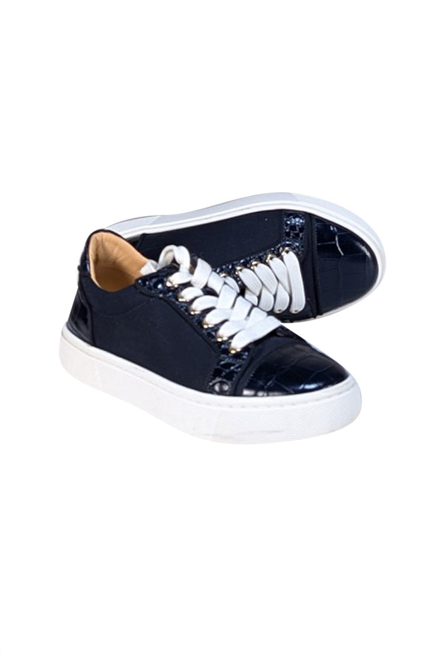 Christian Louboutin - Navy Croc Embossed Leather & Canvas Platform Sneakers Sz 6 - Current Boutique