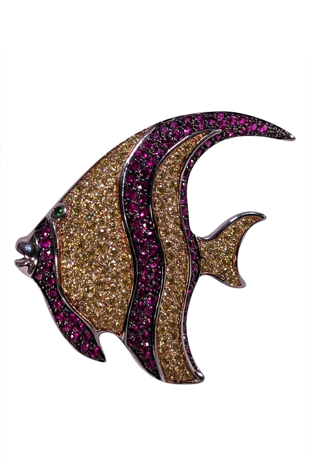No Label - Sterling Silver Fish Brooch w/ Citrine, Emerald, & Ruby Stones