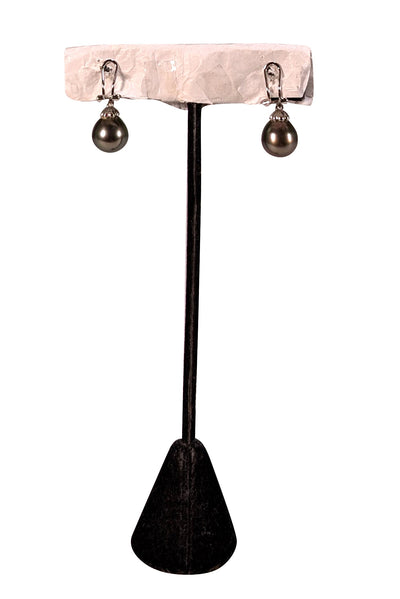 No Label - 18K White Gold Stone Trimmed Pearl Earrings - Current Boutique