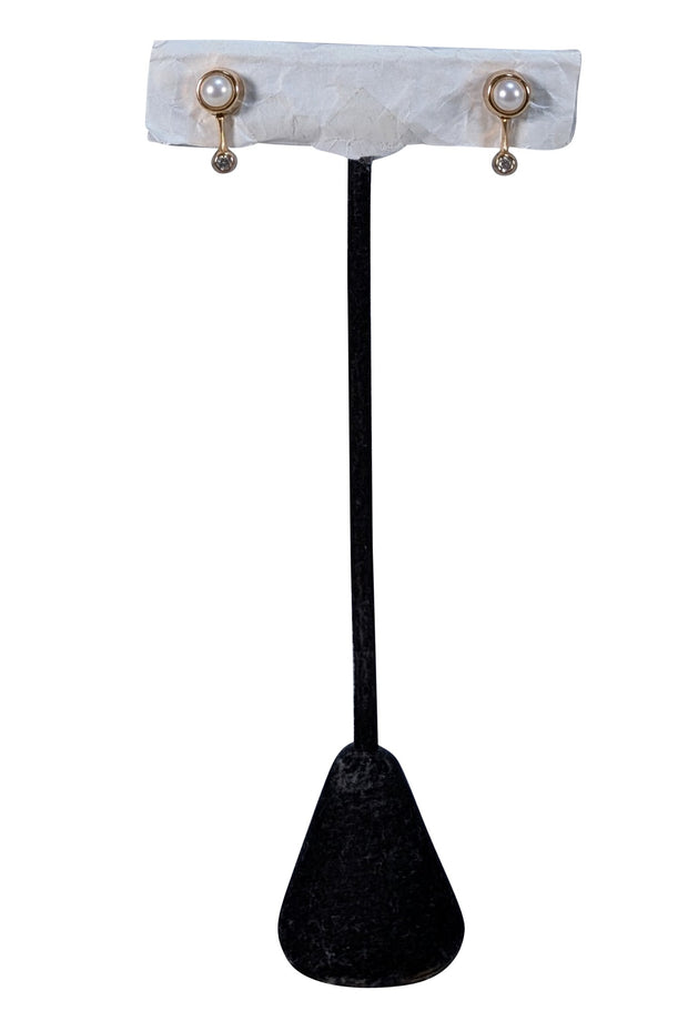 No Label - 14K Gold Pearl & Stone Drop Stud Earrings - Current Boutique