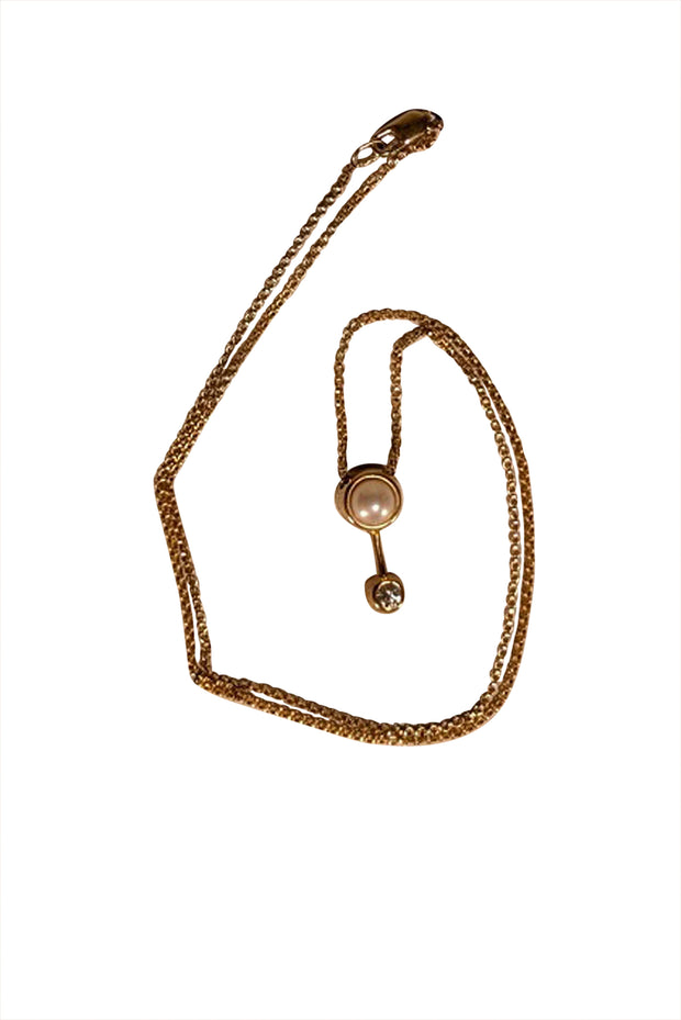 No Label - 14K Gold Chain Pearl & Stone Pendant Necklace - Current Boutique