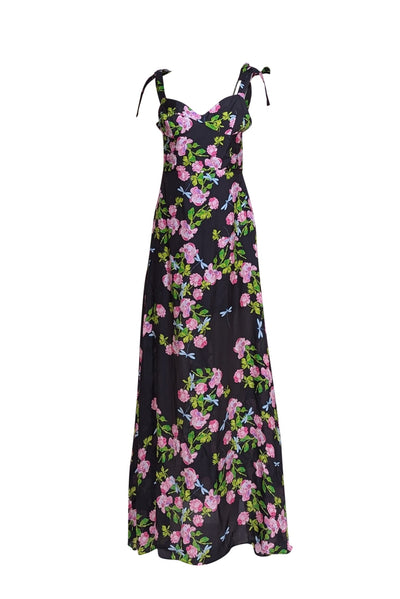 Cynthia Rowley - Black & Pink Floral Print "Ten Rose" Maxi Dress Sz 8 - Current Boutique