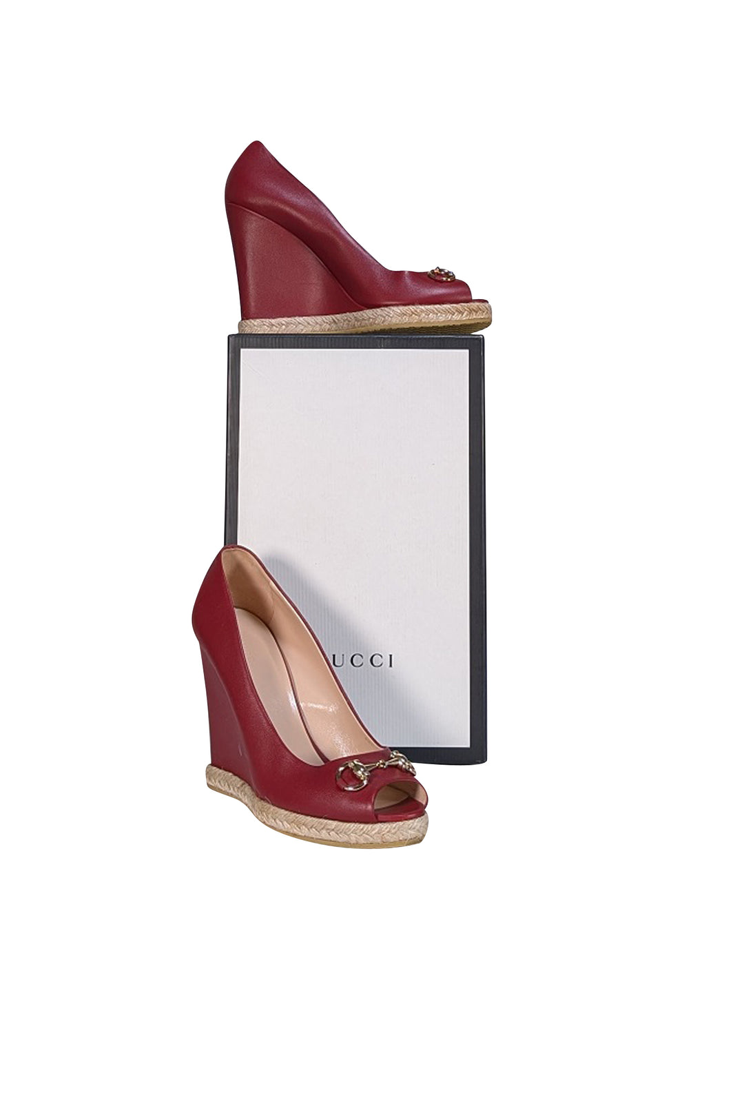 Gucci Crimson Red Leather Wedge Heels w/ Espadrille Trim Sz