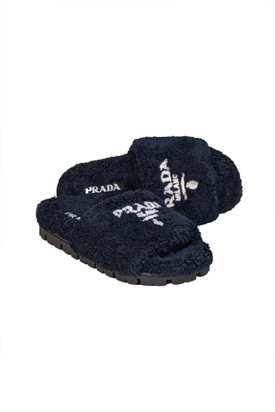 Prada - Black Fuzzy Logo Front Slide Sandals Sz 9 - Current Boutique