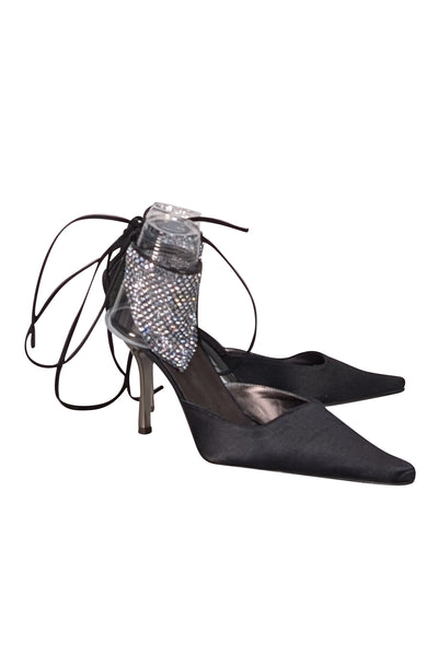 St. John - Black Satin Ankle Tie Strap Heels w/ Rhinestone Mesh Detail Sz 8.5 - Current Boutique