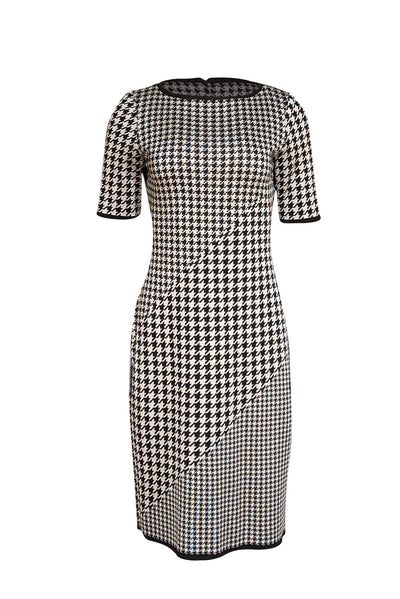 St. John - White & Black Herringbone Print Knit Short Sleeve Dress Sz 4 - Current Boutique