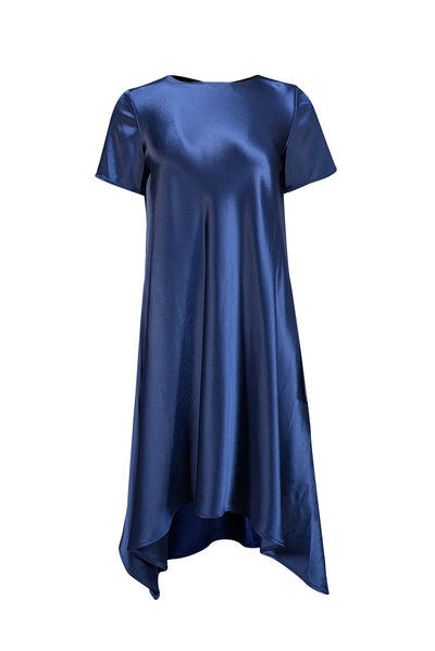 St. John - Dark Blue Satin Short Sleeve Shift Dress Sz 6 - Current Boutique