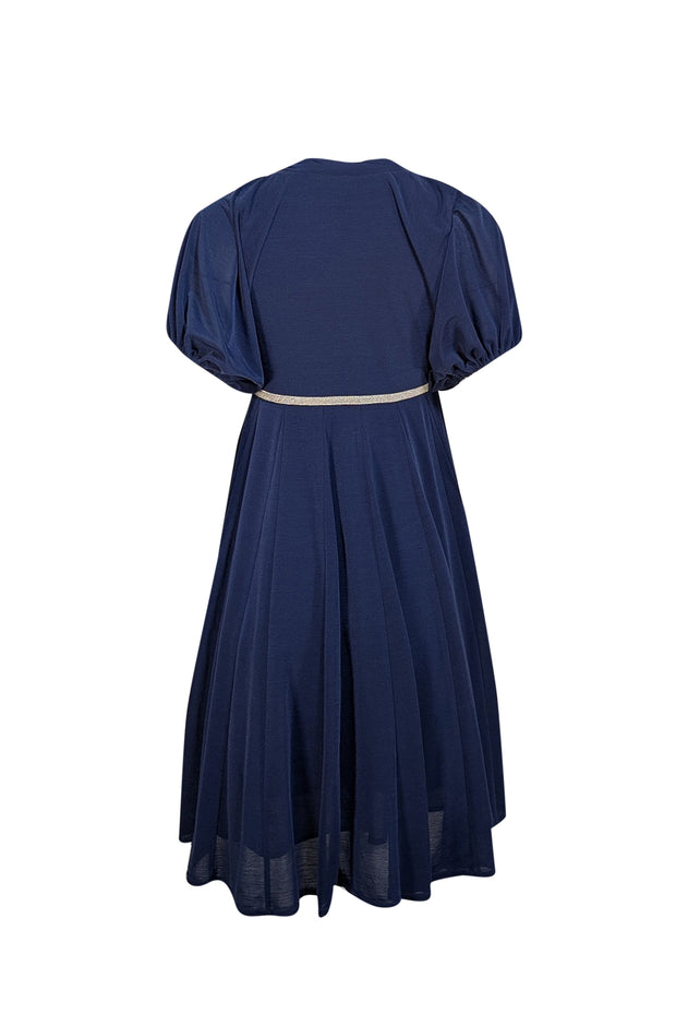 Balmain - Navy Gold Waist Bubble Sleeve Dress Sz 6 - Current Boutique