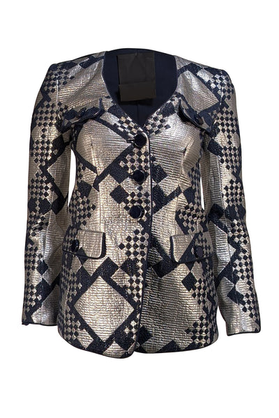 Giorgio Armani - Navy & Silver Print Button front Jacket Sz 0 - Current Boutique