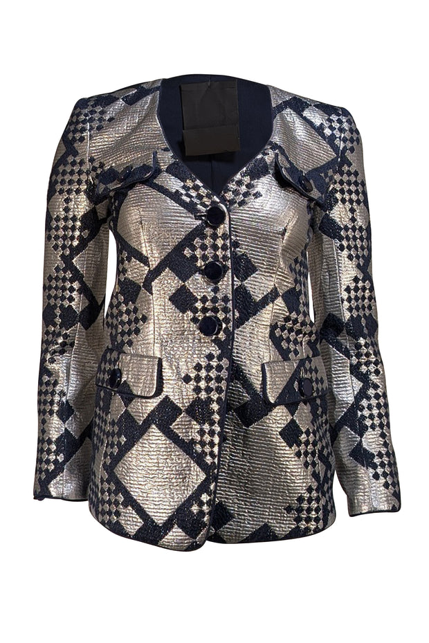 Giorgio Armani - Navy & Silver Print Button front Jacket Sz 0 - Current Boutique