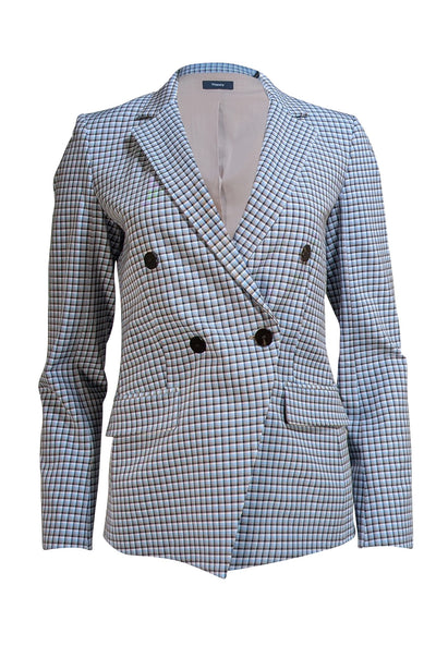 Theory - Blue & Tan Plaid Double Breasted Blazer Sz 6 - Current Boutique