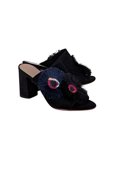 Loeffler Randall - Black Suede Mule Heels w/ Fringe Applique Detail Sz 6 - Current Boutique