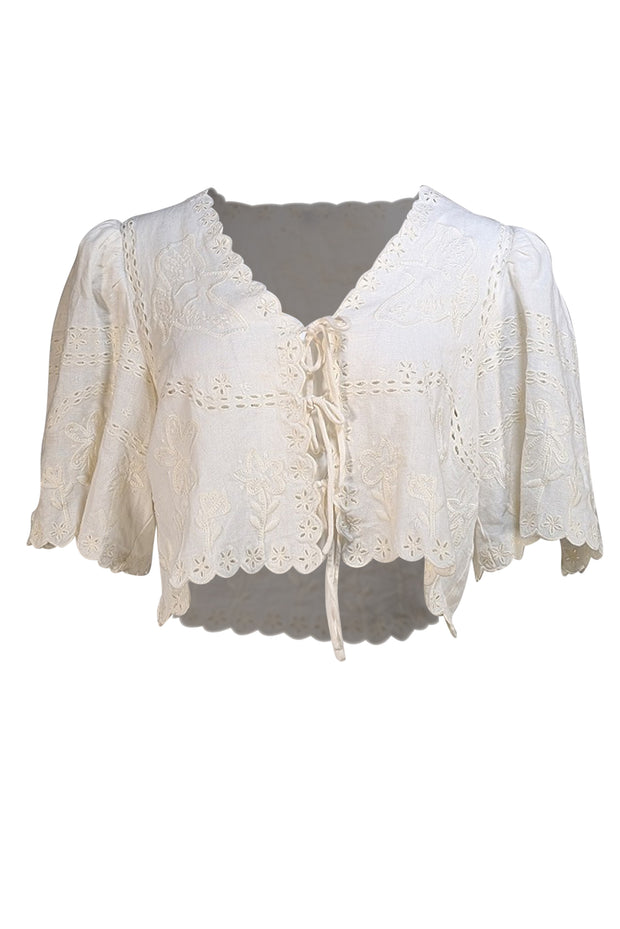 Sea New York - White Embroidered Eyelet Tie Front Cropped Shirt Sz L