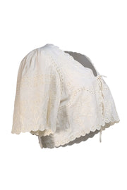 Sea New York - White Embroidered Eyelet Tie Front Cropped Shirt Sz L