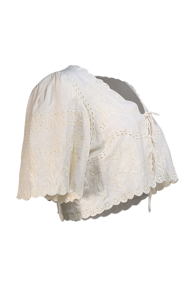 Sea New York - White Embroidered Eyelet Tie Front Cropped Shirt Sz L