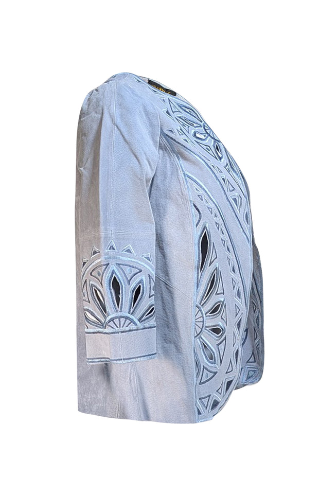Bob Mackie - Light Blue Leather Laser Cut Detail Jacket Sz XS - Current Boutique