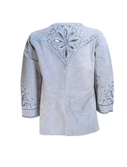 Bob Mackie - Light Blue Leather Laser Cut Detail Jacket Sz XS - Current Boutique
