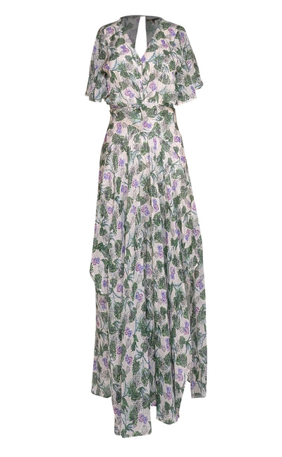 Maje - Ivory, Green, Lavender, & Silver Print Side Cut Out Maxi Dress Sz 2 - Current Boutique