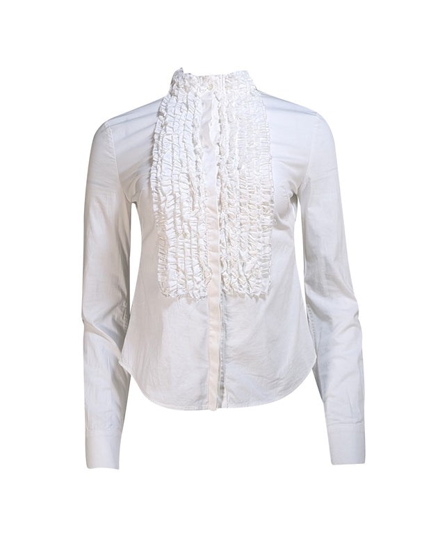 Alexander McQueen - White Ruffle Bib Front Button Down Shirt Sz 2 - Current Boutique