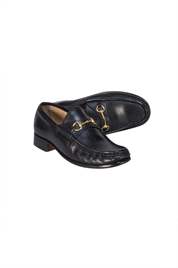 Gucci - Black Leather Gold Horsebit Trim Loafers Sz 9 - Current Boutique